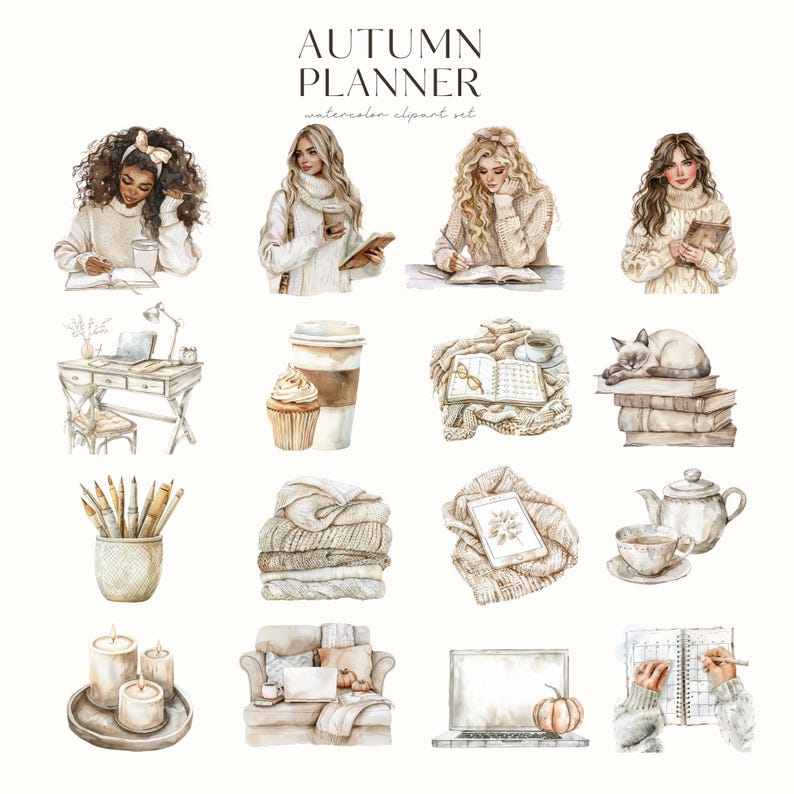 Pu&ograve; includere: Set di clipart ad acquerello per un planner a tema autunnale. Il set include immagini di donne, caff&egrave;, libri, un gatto, una teiera, candele, un laptop, un divano e una zucca.