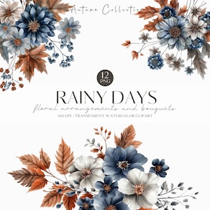 Puede incluir: Ilustración en acuarela de arreglos florales y ramos en tonos azules, blancos y marrones. La imagen incluye el texto "Autumn Collection" y "RAINY DAYS floral arrangements and bouquets 300 DPI / TRANSPARENT WATERCOLOR CLIPART".