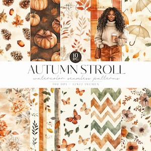 Könnte beinhalten: Eine digitale Kunstsammlung mit nahtlosen Aquarellmustern zum Thema Herbst. Die Muster umfassen Kürbisse, Blätter, Schmetterlinge und florale Designs in warmen, erdigen Tönen. Das Bild enthält auch eine Frau, die eine Kaffeetasse hält, und den Text "AUTUMN STROLL".