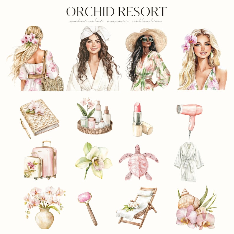 May include: Watercolor illustrations of a tropical resort with women wearing floral dresses and robes, a spa setting with orchids, a hairdryer, a suitcase, a turtle, a lounge chair, and a seashell with orchids.