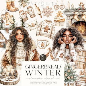 Clipart invernale accogliente, pan di zenzero, bundle di clipart natalizie acquerello, grafica neutra, decorazioni natalizie, creazione di biglietti, adesivi digitali