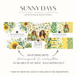 May include: A set of watercolor illustrations featuring sunflowers, daisies, and green leaves. The illustrations are arranged in a floral bouquet, a seamless pattern, and a clipart set. The text "Sunny Days" appears in the image.