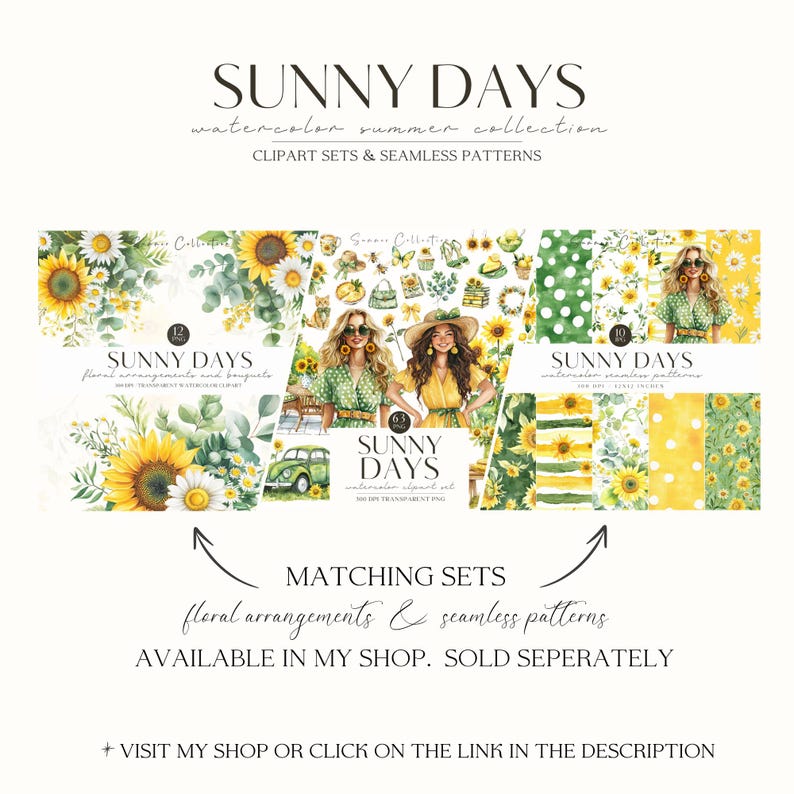 May include: A set of watercolor illustrations featuring sunflowers, daisies, and green leaves. The illustrations are arranged in a floral bouquet, a seamless pattern, and a clipart set. The text "Sunny Days" appears in the image.