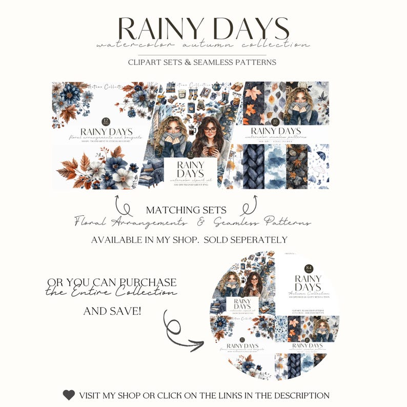 Puede incluir: Colecci&oacute;n de arte digital "Rainy Days" con dise&ntilde;os de acuarela oto&ntilde;ales. La imagen muestra conjuntos de im&aacute;genes predise&ntilde;adas y patrones sin costuras con arreglos florales y conjuntos a juego. El texto anima a visitar la tienda o hacer clic en los enlaces.