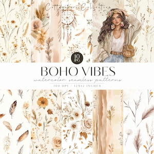 Motifs floraux bohèmes, Fond rustique, Motif transparent neutre, Motif répétitif, Téléchargement numérique, Scrapbooking, Usage commercial