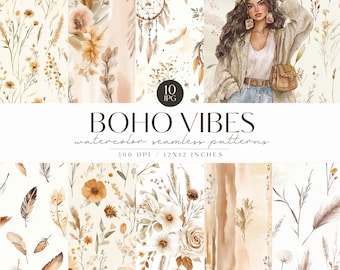Wzory tła boho floral, rustykalne tło, neutralny bezszwowy wzór, powtarzający się wzór, pobieranie cyfrowe, album, wykorzystanie komercyjne