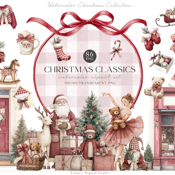 Watercolor Classic Christmas Clipart, Cozy Christmas Graphics, Santa PNG, Scrapbooking, Digital Download and Commercial Use