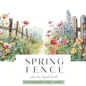 Bundle de cliparts clôture printemps, printemps aquarelle, PNG Design printemps, graphiques de printemps, paysages de printemps, autocollants numériques, scrapbooking