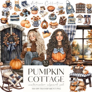 Può includere: Set di clipart ad acquerello a tema autunnale. L'immagine presenta illustrazioni di zucche, una sedia a dondolo, una volpe e due donne. È visibile anche il testo "Autumn Collection" e "Pumpkin Cottage".