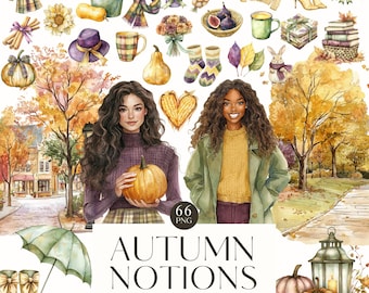 Watercolor Cozy Autumn Clipart, Artful Autumn PNG, Autumnal Vibes, Autumn Leaves, Fall Girls, Digital Stickers, Scrapbooking, Commercial Use