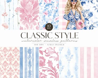 Grandmillennial Seamless Patterns, Floral Background, Pastel Pattern, Vintage, Stripes, Plaid, Repeating, Digital Download, Commercial Use