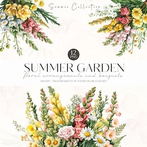 Clipart floral de verano en acuarela, boca de dragón, clipart de jardín de verano, ramo colorido PNG, pegatinas digitales, scrapbooking, uso comercial