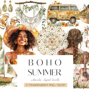 Acuarela Boho Verano ClipArt-Gráficos de verano-Verano PNG-Moda-Paisaje-Playa- Boho Terracota-Diario basura-Pegatinas digitales-Comercial