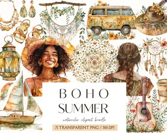 Può includere: Un set di clipart ad acquerello con un tema boho estivo. Il set include una donna con i capelli ricci che indossa un cappello di paglia, un furgone vintage, una chitarra, un acchiappasogni, una lanterna, una barca a vela, un mandala e altri elementi decorativi.