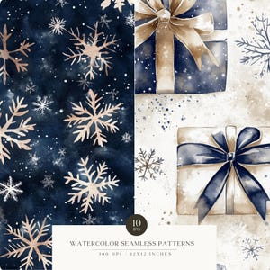 May include: Ten watercolor seamless patterns featuring snowflakes and gift boxes with blue and gold ribbons on a white and blue background. 300 DPI / 12x12 inches.