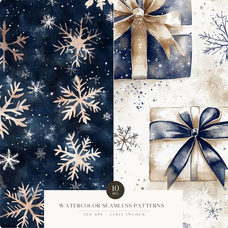 May include: Ten watercolor seamless patterns featuring snowflakes and gift boxes with blue and gold ribbons on a white and blue background. 300 DPI / 12x12 inches.