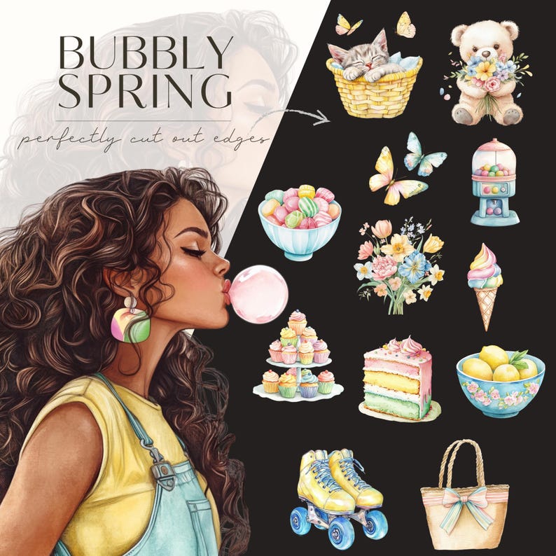 Puede incluir: Una ilustraci&oacute;n digital de una mujer soplando una burbuja con una variedad de art&iacute;culos coloridos de tem&aacute;tica primaveral, que incluyen un ramo de flores, una m&aacute;quina de chicles, un soporte para cupcakes, un pat&iacute;n, un taz&oacute;n de caramelos, una rebanada de pastel, una cesta de limones, una bolsa de playa, un gato en una cesta y un oso de peluche sosteniendo flores. El texto "Bubbly Spring" est&aacute; en la parte superior de la imagen.