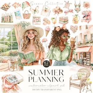 Clipart di un planner estivo color pesca con acquerello, lettura, amante dei libri, ragazza che organizza, diario di viaggio, adesivi digitali, scrapbooking, uso commerciale
