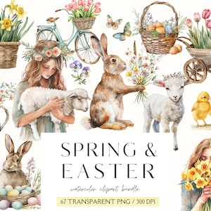 Aquarelle printemps Pâques Clipart-Floral Clipart-Graphiques de Pâques-Lapin de Pâques oeuf-Cottagecore-Autocollants numériques-Commercial-Téléchargement instantané