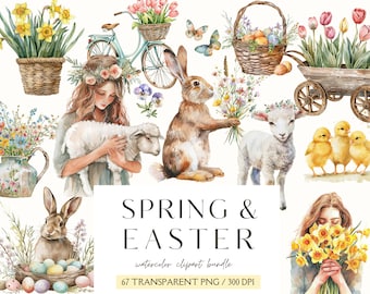 Aquarell Frühling Ostern ClipArt-Floral Clipart-Ostern Grafiken-Osterhase Ei-Cottagecore-Digitale Aufkleber-Kommerziell-Instant Download