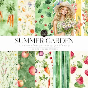 Modèle sans couture aquarelle de jardin, Cottagecore, Légume, Fond estival confortable, Répétition, Téléchargement numérique, Scrapbooking, Usage commercial