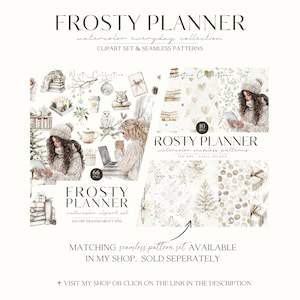 K&ouml;nnte beinhalten: Ein digitales Illustrationsset mit Aquarell-Cliparts und nahtlosen Mustern zum Thema Winter. Das Set enth&auml;lt Bilder von Frauen, Eulen, B&uuml;chern, Teetassen und winterlichen Elementen. Der Text "FROSTY PLANNER" und "ROSTY PLANNER" ist im Bild enthalten.