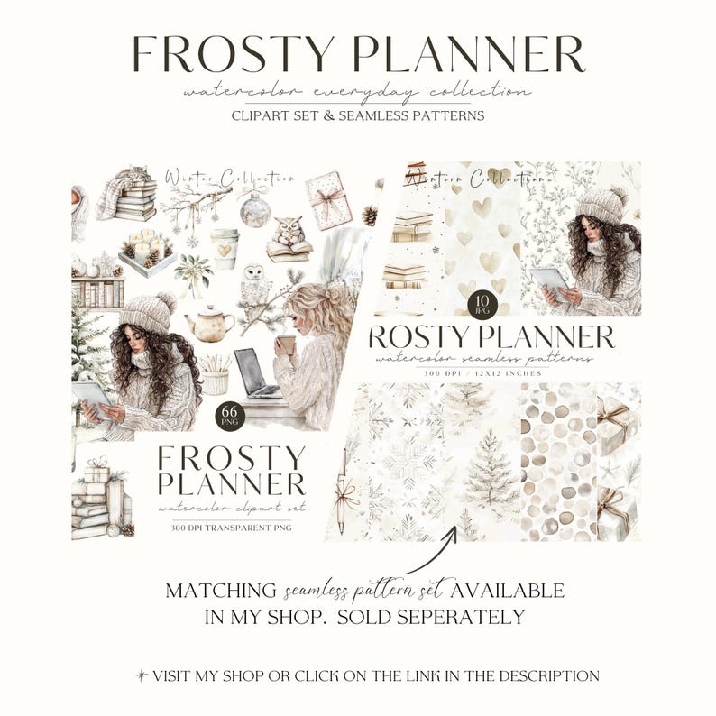 K&ouml;nnte beinhalten: Ein digitales Illustrationsset mit Aquarell-Cliparts und nahtlosen Mustern zum Thema Winter. Das Set enth&auml;lt Bilder von Frauen, Eulen, B&uuml;chern, Teetassen und winterlichen Elementen. Der Text "FROSTY PLANNER" und "ROSTY PLANNER" ist im Bild enthalten.