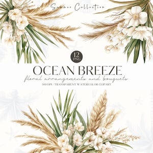 Clipart floral costero bohemio, PNG floral rústico de pampas, planificador floral neutro, invitación de boda, pegatinas digitales, álbum de recortes, comercial