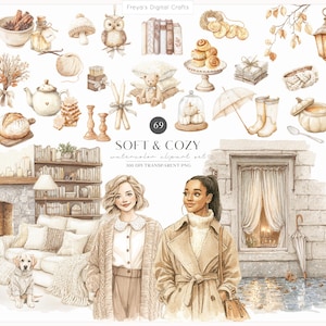 Op de afbeelding: Een digitale aquarel clipartset getiteld SOFT & COZY met diverse illustraties waaronder een theepot, boeken, een teddybeer, pompoenen, kaarsen, een hond en twee personen in neutrale kleding, alles tegen een witte achtergrond.