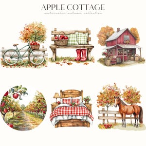 Akvarell mysig höst Clipart, höst PNG, höstvibbar, röd lada, mysig gård, höstäppelskörd, digitala klistermärken, scrapbooking, kommersiell bild 7