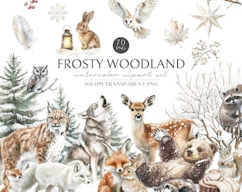 May include: Watercolor clipart set featuring a variety of woodland animals, including a deer, fox, owl, and bear, in a snowy winter scene. The text "FROSTY WOODLAND watercolor clipart set" is displayed. The image includes a rabbit, a lantern, and a snowflake.
