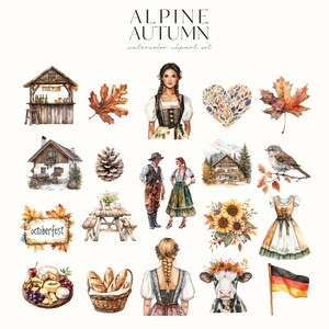 May include: Watercolor clipart set featuring an alpine autumn theme. The set includes images of a woman in traditional dress, a heart made of leaves, a wooden cabin, a pine cone, a couple in traditional dress, a sunflower, a basket of bread, a cow with a flower crown, and a German flag.