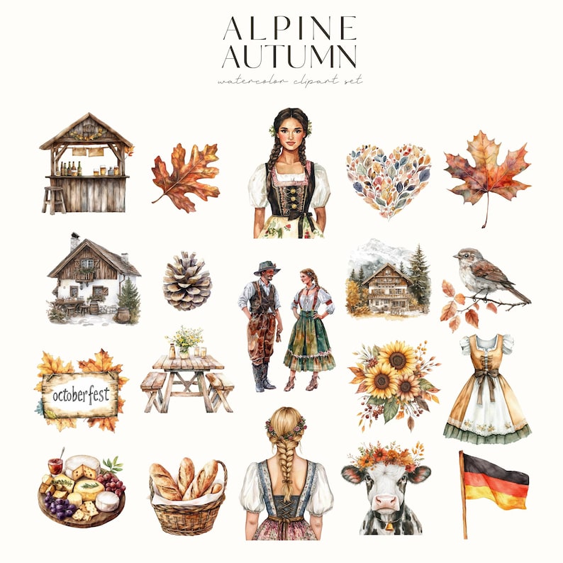 May include: Watercolor clipart set featuring an alpine autumn theme. The set includes images of a woman in traditional dress, a heart made of leaves, a wooden cabin, a pine cone, a couple in traditional dress, a sunflower, a basket of bread, a cow with a flower crown, and a German flag.