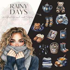 Puede incluir: Ilustraci&oacute;n en acuarela con el texto "Rainy Days". La imagen presenta a una mujer con una bufanda, junto con varios elementos acogedores como una tetera, un oso de peluche, gofres, calcetines, zapatillas, un diario, t&eacute; y sopa.