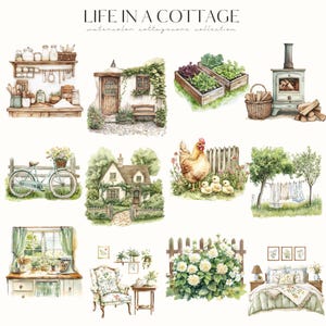 May include: Watercolor illustrations of cottagecore scenes. The image includes a kitchen, a cottage, a garden, a hen with chicks, a bicycle, a bedroom, and a wood-burning stove. The text "LIFE IN A COTTAGE" is at the top.