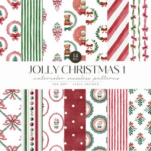 Puede incluir: Una colección de 14 patrones sin costuras de acuarela con temática navideña. Los diseños incluyen osos de peluche, lazos, rayas y árboles de Navidad en rojo, verde y blanco. Se muestra el texto "JOLLY CHRISTMAS 1".