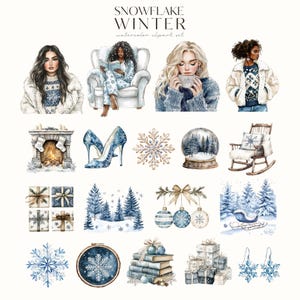 May include: A set of watercolor illustrations featuring winter themes. The set includes images of women, fireplaces, snow globes, rocking chairs, Christmas ornaments, snowflakes, and books. The illustrations are in shades of blue, white, and gold.