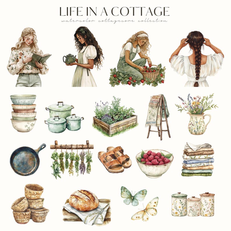 May include: Watercolor illustration titled "LIFE IN A COTTAGE" featuring various cottagecore elements. Includes depictions of women, kitchenware, garden elements, food, butterflies, and decorative jars. The artwork has a soft, pastel color palette.