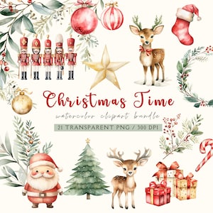 Clipart di Natale ad acquerello carino, PNG di Natale rosso e oro, pacchetto di Natale, renne, clipart di Babbo Natale, uso commerciale, scrapbooking