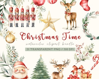 Cute Watercolor Christmas Clipart, Red and Gold Christmas PNG, Christmas Bundle, Reindeer, Santa Claus Clipart, Commercial Use, Scrapbooking
