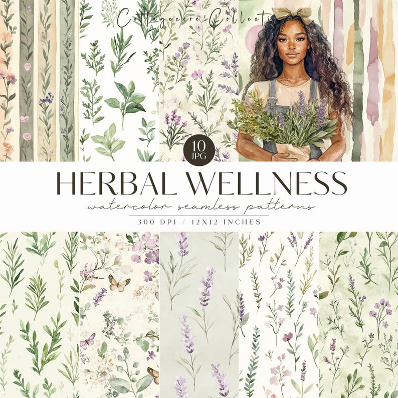 May include: A set of 10 watercolor seamless patterns featuring various herbs and flowers. The patterns are in shades of green, purple, and white. The text "HERBAL WELLNESS watercolor seamless patterns 300 DPI / 12X12 INCHES" is displayed at the bottom of the image.