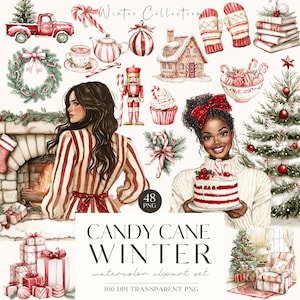 Gemütliche Zuckerstange Clipart, Aquarell Neutrale Weihnachtsgrafik, süsses Weihnachten Png Bündel, Cottagecore, digitale Aufkleber, kommerziell