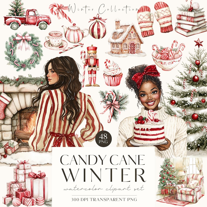 May include: A watercolor clipart set with a winter theme. The set includes a gingerbread house, a nutcracker, a Christmas tree, a fireplace, a woman in a red and white striped dress, a woman in a white sweater holding a red and white cake, a wreath, candy canes, and presents. The text "Candy Cane Winter Watercolor Clipart Set 300 DPI Transparent PNG" is at the bottom of the image.