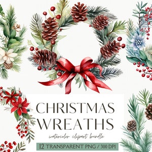 Watercolor Christmas Wreath Clipart, Christmas PNG Clipart, Christmas Decor, Christmas Bundle, Card Making, Scrapbooking, Junk Journal