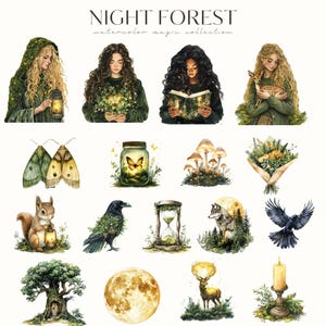 May include: A set of watercolour illustrations featuring a magical forest theme. The illustrations include a woman with long hair holding a lantern, a woman with long hair holding a book, a woman with long hair holding a fawn, a pair of moths, a jar with a firefly, a group of mushrooms, a bouquet of flowers, a squirrel holding a lantern, a crow with green leaves, an hourglass, a wolf, a crow in flight, a tree with a door, a full moon, and a deer with glowing antlers.