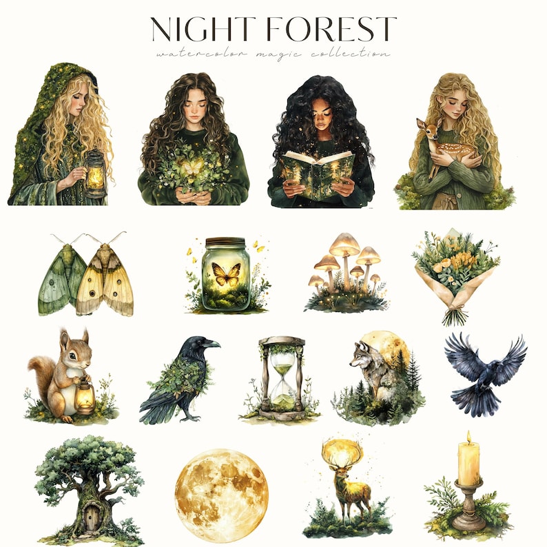 May include: A set of watercolour illustrations featuring a magical forest theme. The illustrations include a woman with long hair holding a lantern, a woman with long hair holding a book, a woman with long hair holding a fawn, a pair of moths, a jar with a firefly, a group of mushrooms, a bouquet of flowers, a squirrel holding a lantern, a crow with green leaves, an hourglass, a wolf, a crow in flight, a tree with a door, a full moon, and a deer with glowing antlers.