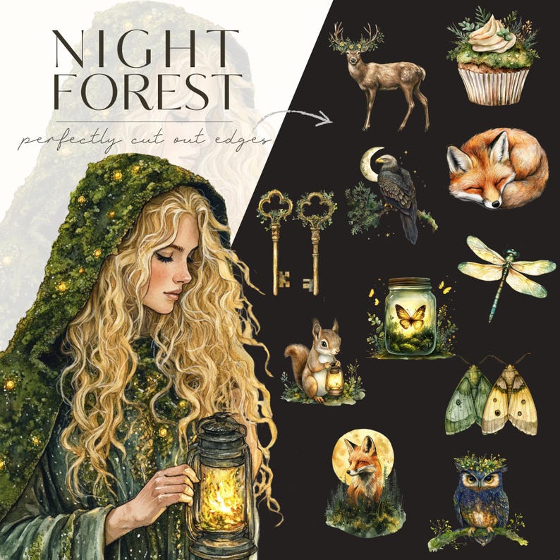 May include: A collection of watercolour illustrations featuring a magical forest scene with a woman in a green cloak holding a lantern, a deer, a fox, a squirrel, a cupcake, a dragonfly, a moth, an owl, a key, a jar with a butterfly, and a fox in the moonlight. The text "NIGHT FOREST" is written in large letters at the top of the image.