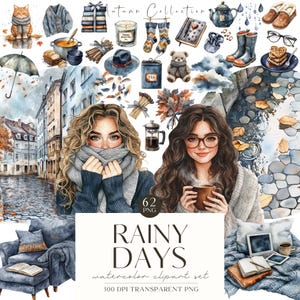 Puede incluir: Conjunto de im&aacute;genes predise&ntilde;adas de acuarela con ilustraciones de tem&aacute;tica oto&ntilde;al. Incluye im&aacute;genes de objetos acogedores como un su&eacute;ter, t&eacute;, libros y un gato. El conjunto tambi&eacute;n presenta a dos mujeres y el texto "RAINY DAYS". El conjunto incluye 62 im&aacute;genes PNG.