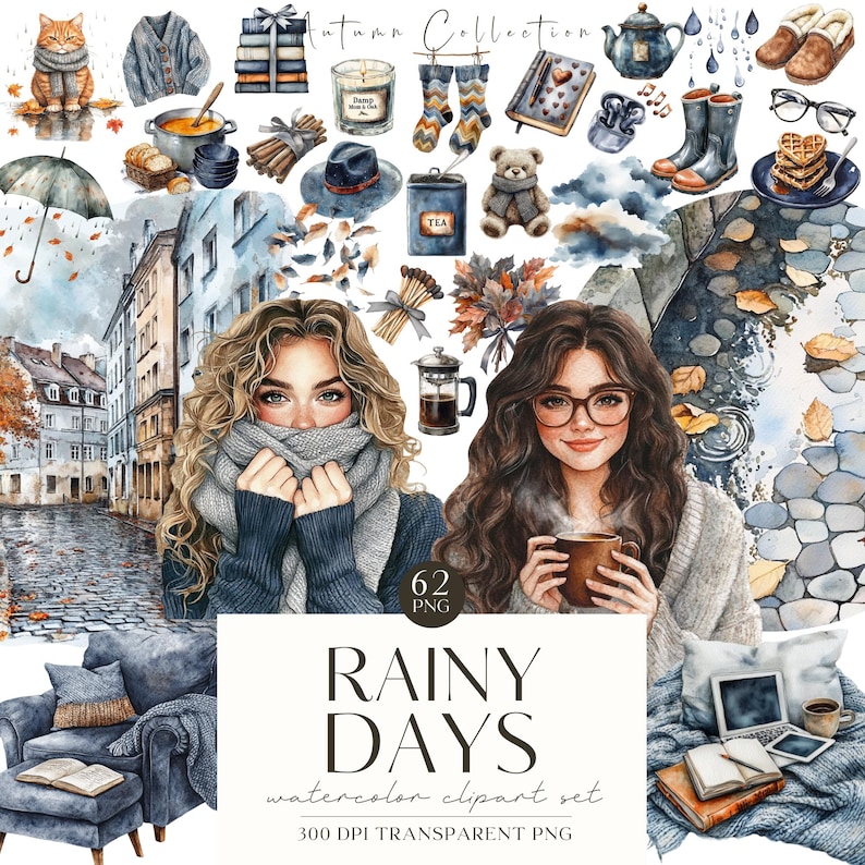 Puede incluir: Conjunto de im&aacute;genes predise&ntilde;adas de acuarela con ilustraciones de tem&aacute;tica oto&ntilde;al. Incluye im&aacute;genes de objetos acogedores como un su&eacute;ter, t&eacute;, libros y un gato. El conjunto tambi&eacute;n presenta a dos mujeres y el texto "RAINY DAYS". El conjunto incluye 62 im&aacute;genes PNG.