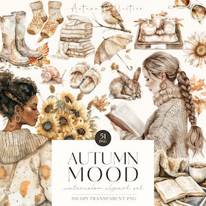 Otoño acogedor, imágenes prediseñadas de otoño neutro en acuarela, gráficos PNG de otoño, ilustración de chica acogedora, calabaza, hoja, cottagecore, licencia comercial